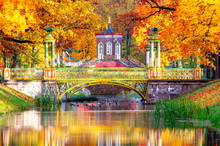 Cross Bridge And Chinese Bridges In Alexander Park In Autumn, Pushkin (Tsarskoe Selo), St. Petersburg, Russia