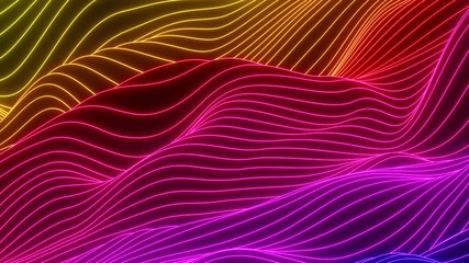 Poster - Looped animation. Abstract colorful wavy background in bright rainbow colors. Modern colorful wallpaper. 3d rendering.