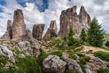 Fototapeta Kwiaty - A rocky landscape of Cinque Torri in a sunny day at the Dolomites Alps in Italy.