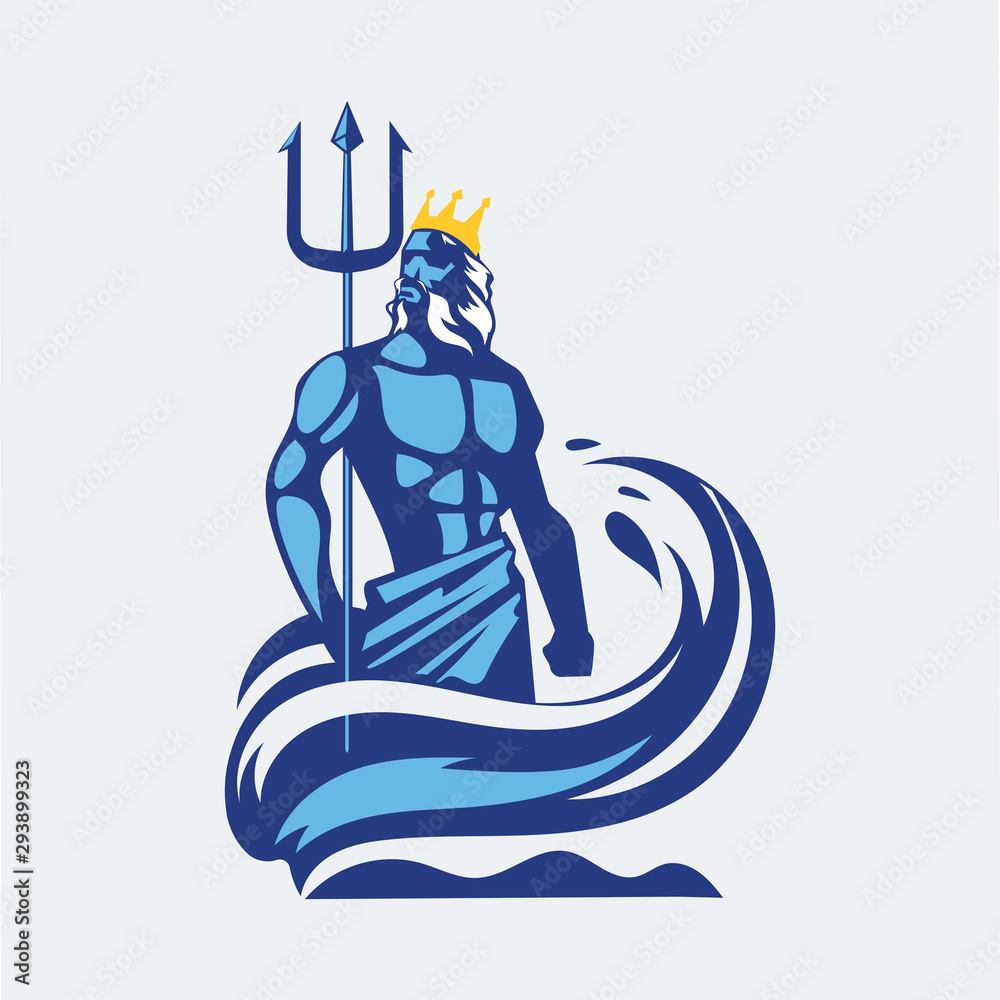 Poseidon or Neptune wielding a trident with waves. mascot logo design - obrazy, fototapety, plakaty 