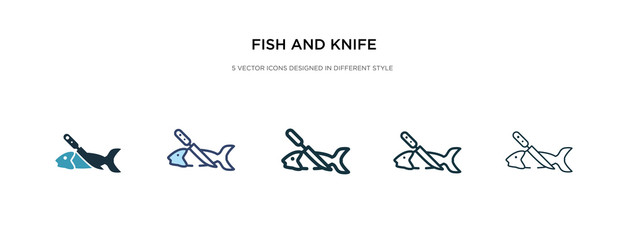 fish and knife icon in different style vector illustration. two colored and black fish and knife vector icons designed in filled, outline, line stroke style can be used for web, mobile, ui