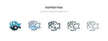 Puffer Fish Icon In Different Style Vector Illustration. Two Colored And Black Puffer Fish Vector Icons Designed In Filled, Outline, Line And Stroke Style Can Be Used For Web, Mobile, Ui