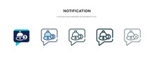 Notification Icon In Different Style Vector Illustration. Two Colored And Black Notification Vector Icons Designed In Filled, Outline, Line And Stroke Style Can Be Used For Web, Mobile, Ui