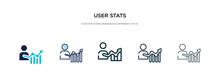 User Stats Icon In Different Style Vector Illustration. Two Colored And Black User Stats Vector Icons Designed In Filled, Outline, Line And Stroke Style Can Be Used For Web, Mobile, Ui