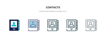 Contacts Icon In Different Style Vector Illustration. Two Colored And Black Contacts Vector Icons Designed In Filled, Outline, Line And Stroke Style Can Be Used For Web, Mobile, Ui