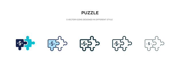 puzzle icon in different style vector illustration. two colored and black puzzle vector icons designed in filled, outline, line and stroke style can be used for web, mobile, ui