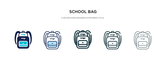 school bag icon in different style vector illustration. two colored and black school bag vector icons designed in filled, outline, line and stroke style can be used for web, mobile, ui