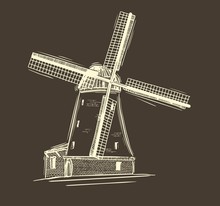 Still Life With Bread And Windmill.Old Wooden Windmill, Sketch. Agriculture, Farming, Bakery Logo Or Label. Vintage Vector Illustration