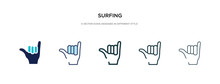 Surfing Icon In Different Style Vector Illustration. Two Colored And Black Surfing Vector Icons Designed In Filled, Outline, Line And Stroke Style Can Be Used For Web, Mobile, Ui