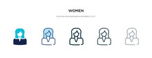 Women Icon In Different Style Vector Illustration. Two Colored And Black Women Vector Icons Designed In Filled, Outline, Line And Stroke Style Can Be Used For Web, Mobile, Ui