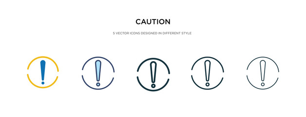 caution icon in different style vector illustration. two colored and black caution vector icons desi