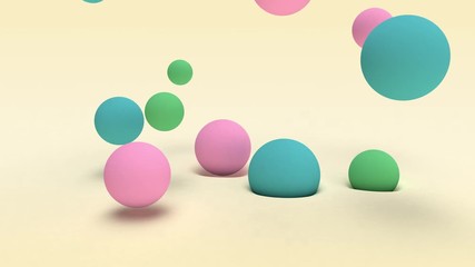 Poster - abstract 3D animation of many colored balls that jump on the cream surface.