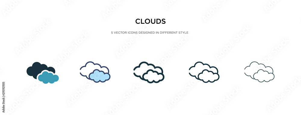 clouds icon in different style vector illustration. two colored and black clouds vector icons designed in filled, outline, line and stroke style can be used for web, mobile, ui - obrazy, fototapety, plakaty 