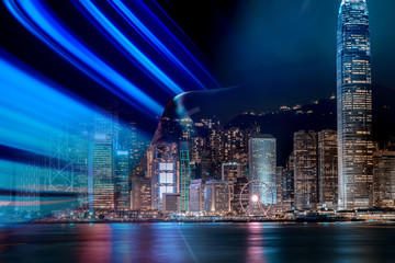 Wall Mural - Light trails background with Hong Kong City scraper. double exposure