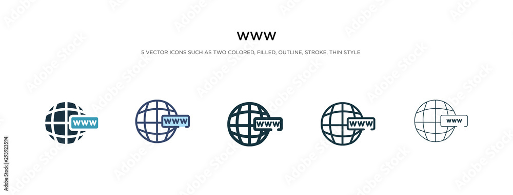www icon in different style vector illustration. two colored and black www vector icons designed in filled, outline, line and stroke style can be used for web, mobile, ui - obrazy, fototapety, plakaty 