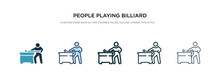 People Playing Billiard Icon In Different Style Vector Illustration. Two Colored And Black People Playing Billiard Vector Icons Designed In Filled, Outline, Line And Stroke Style Can Be Used For