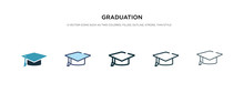 Graduation Icon In Different Style Vector Illustration. Two Colored And Black Graduation Vector Icons Designed In Filled, Outline, Line And Stroke Style Can Be Used For Web, Mobile, Ui