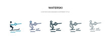 Waterski Icon In Different Style Vector Illustration. Two Colored And Black Waterski Vector Icons Designed In Filled, Outline, Line And Stroke Style Can Be Used For Web, Mobile, Ui