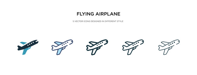 Wall Mural - flying airplane icon in different style vector illustration. two colored and black flying airplane vector icons designed in filled, outline, line and stroke style can be used for web, mobile, ui