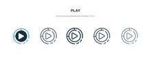 Play Icon In Different Style Vector Illustration. Two Colored And Black Play Vector Icons Designed In Filled, Outline, Line And Stroke Style Can Be Used For Web, Mobile, Ui