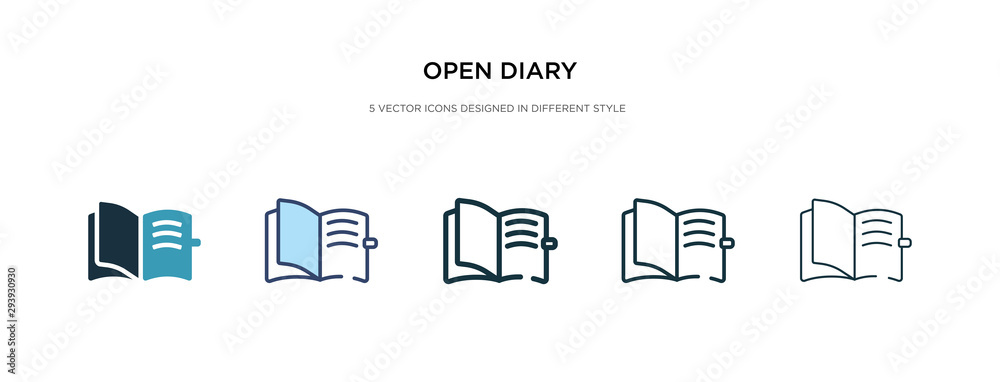 open diary icon in different style vector illustration. two colored and black open diary vector icons designed in filled, outline, line and stroke style can be used for web, mobile, ui - obrazy, fototapety, plakaty 