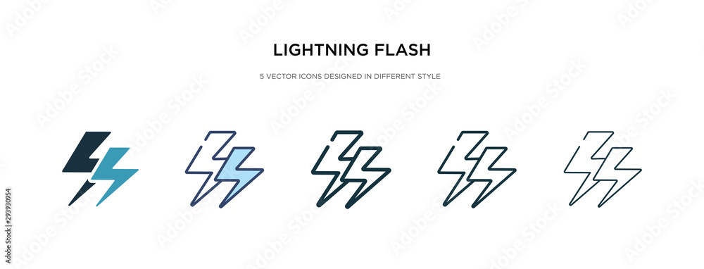 lightning flash icon in different style vector illustration. two colored and black lightning flash vector icons designed in filled, outline, line and stroke style can be used for web, mobile, ui - obrazy, fototapety, plakaty 