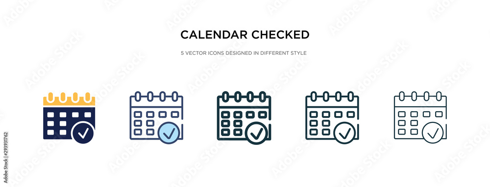 calendar checked icon in different style vector illustration. two colored and black calendar checked vector icons designed in filled, outline, line and stroke style can be used for web, mobile, ui - obrazy, fototapety, plakaty 