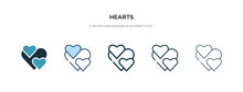 Hearts Icon In Different Style Vector Illustration. Two Colored And Black Hearts Vector Icons Designed In Filled, Outline, Line And Stroke Style Can Be Used For Web, Mobile, Ui