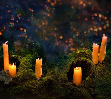 Fantasy Dark Halloween Background. Beautiful Mysterious Forest Backdrop With Witchcraft Fire Candles. Halloween Magic Holiday, Art Creative Collage. Grunge Filter, Soft Selective Focus, Shallow Depth