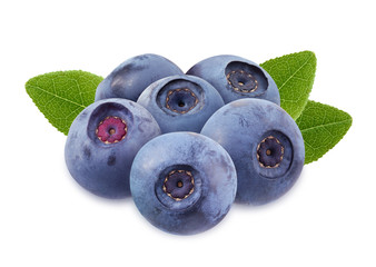 Wall Mural - forest blueberries with leaves isolated on white background