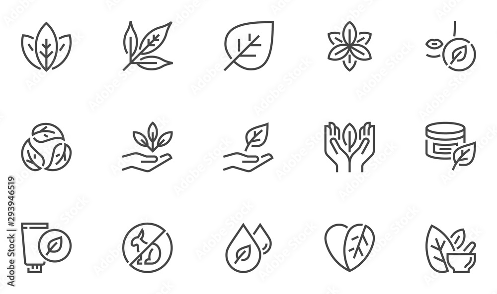 Natural and organic cosmetics vector line icons set. Skincare, no synthetic fragrance and colors, no animal testing. Editable stroke. 48x48 Pixel Perfect. - obrazy, fototapety, plakaty 