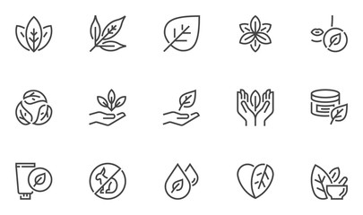 natural and organic cosmetics vector line icons set. skincare, no synthetic fragrance and colors, no
