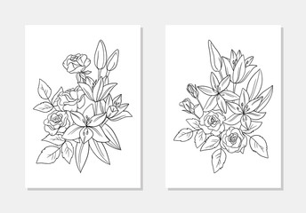 vector  floral composition lily rose flower leaf bouquet coloring page line art outline