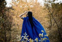 Halloween Time, Witchcraft, Modern Gothic Girl In Blue Cloak Celebrate. Good Ideas For Photoshots, Cosplay 