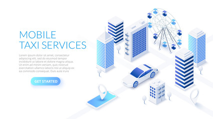Aufkleber - Mobile taxi service design concept with smartphone, car and city. Isometric vector illustration. Landing page template for web.
