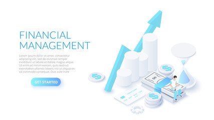 Poster - Financial management design concept with sitting man, money and hourglass. Isometric vector illustration. Landing page template for web.