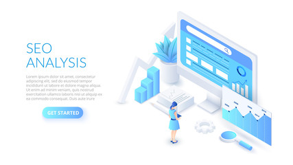 Poster - Seo analysis design concept. Isometric vector illustration. Landing page template for web.