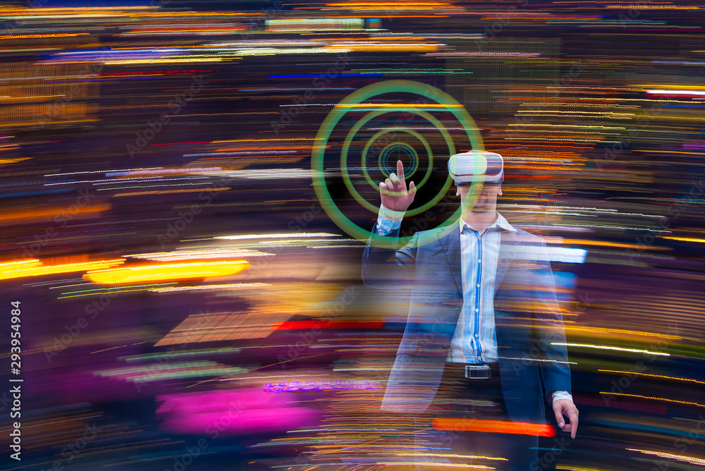 Double exposure businessman wearing Virtual Reality to touch objects in ...