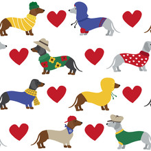 Cute Dachshund Dog With Red Heart Seamless Pattern