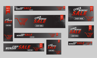 Poster - Collection of header or banner design with 50% discount offers for Cyber Monday sale.