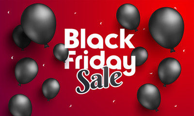 Sticker - Black Friday Sale poster or banner design, realistic black balloons decoration on red background for advertisement concept.