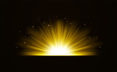 Wall Mural - golden bright shining light effect with stars. rays of light with sparkles on dark background.
