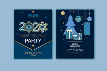 Wall Mural - Happy New Year, Merry Christmas card. Winter holiday gold and blue invitation. Style design with Christmas tree and decoration. Greeting card, flyer, poster, party, brochure.