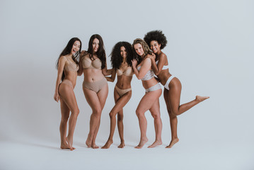 Group of women with different body and ethnicity posing together to show the woman power and strength. Curvy and skinny kind of female body concept