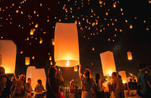 Loy Krathong Festival, Thai New Year Party With Floating Lanterns Release In The Night Sky