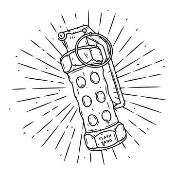 Flash Grenade. Hand drawn vector illustration with a grenade and divergent rays. Used for poster, banner, web, t-shirt print, bag print, badges, flyer, logo design and more.