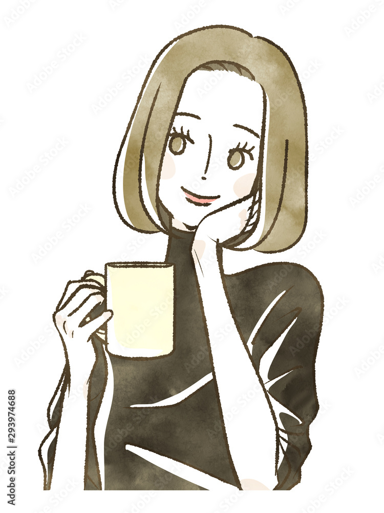 飲み物を手に頬杖をつく女性 笑顔 Wall Mural Wallpaper Murals Ayakono