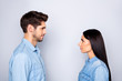 © deagreez - Close-up profile side view portrait of his he her she nice attractive charming lovely calm peaceful content couple looking at each other isolated over light white gray pastel color background