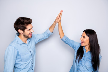 Poster - Profile side view portrait of his he her she nice attractive charming lovely cheerful cheery glad couple clapping palms agreement isolated over light white gray pastel color background