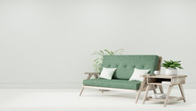 Modern Vintage Interior Of Living Room, Armchair With Light Green Cushion - 3D Rendering